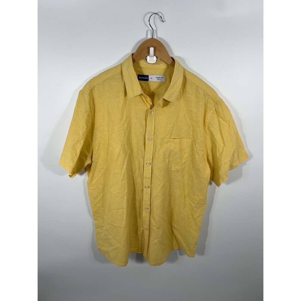 Old Navy Mens Linen Blend Short Sleeve Button Down XL Yellow Resort Vacation